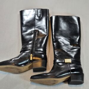 Vince Camuto Cameron Black Leather Mid Calf Boots Gold Detail Size 7.5
